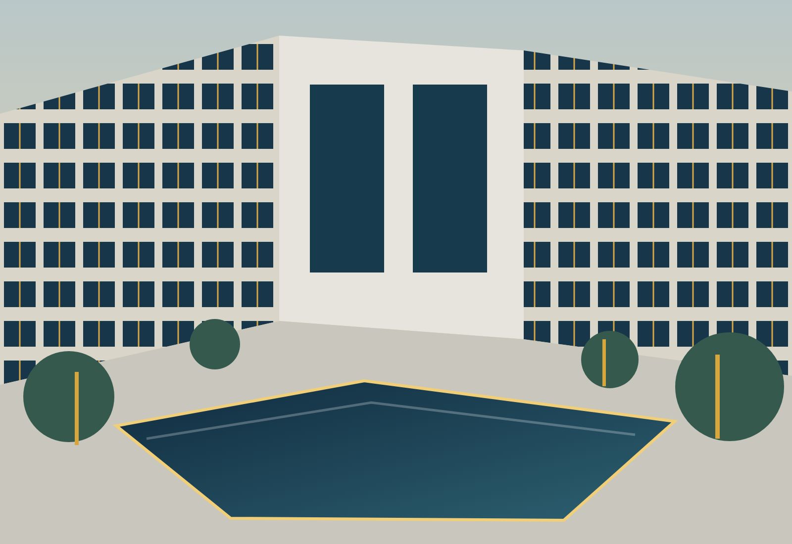 Stylised landscaped courtyard with a reflecting pool