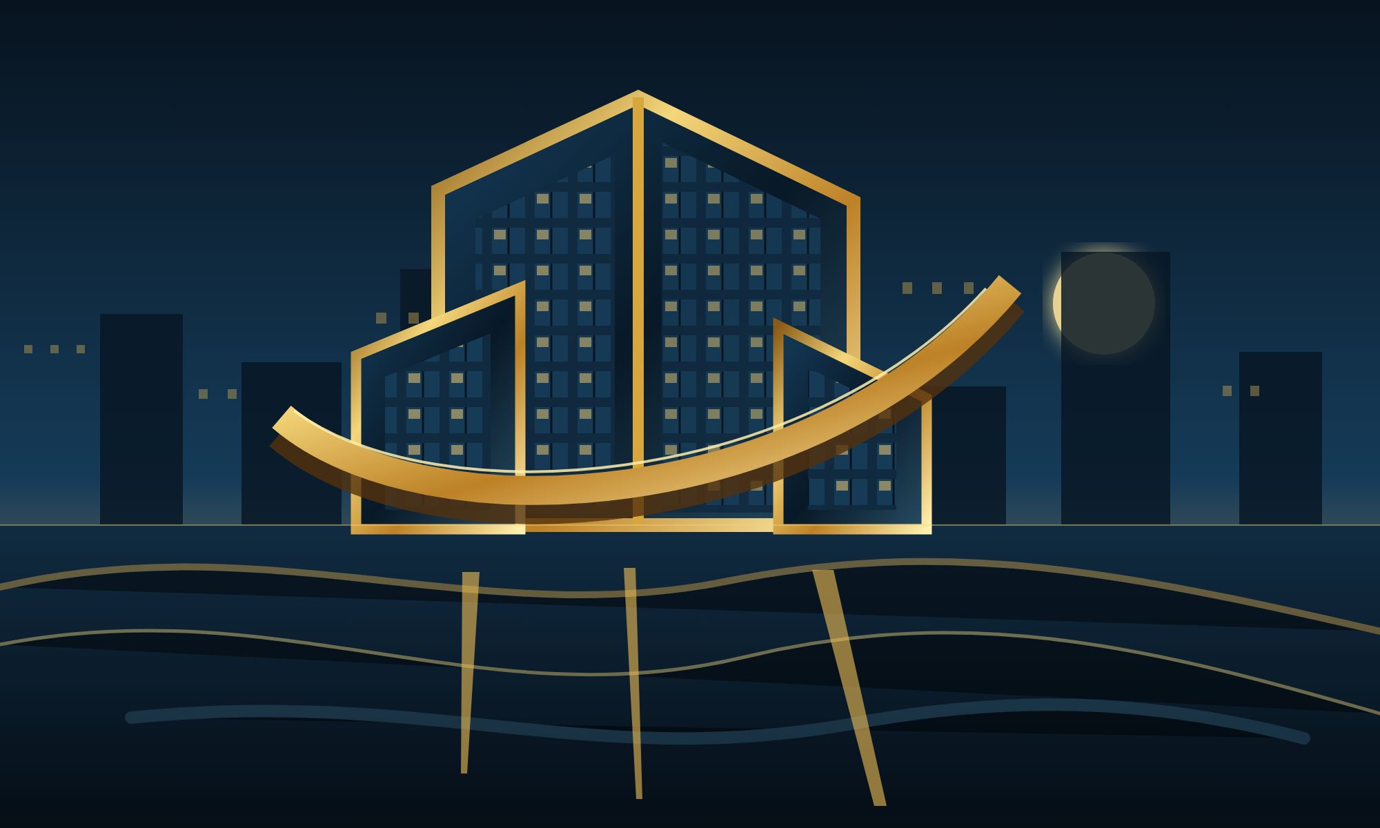Stylised gold-lined Daller building against a deep blue city at dusk