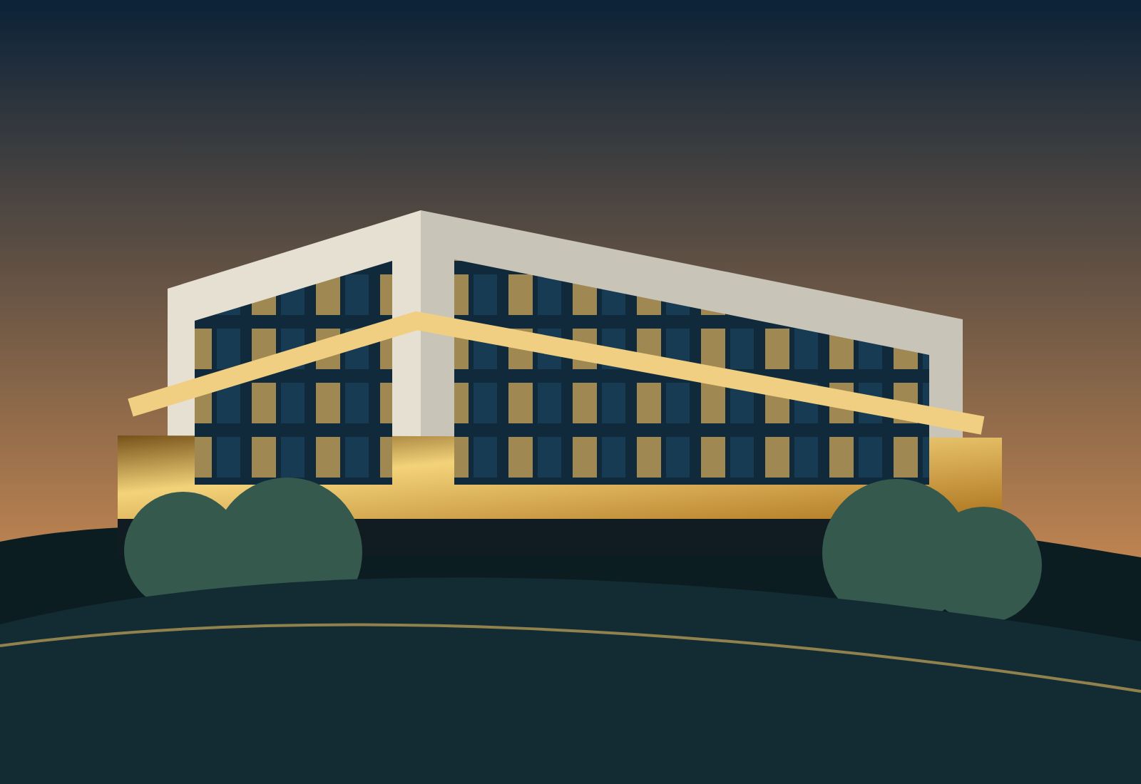 Stylised contemporary residence glowing at dusk